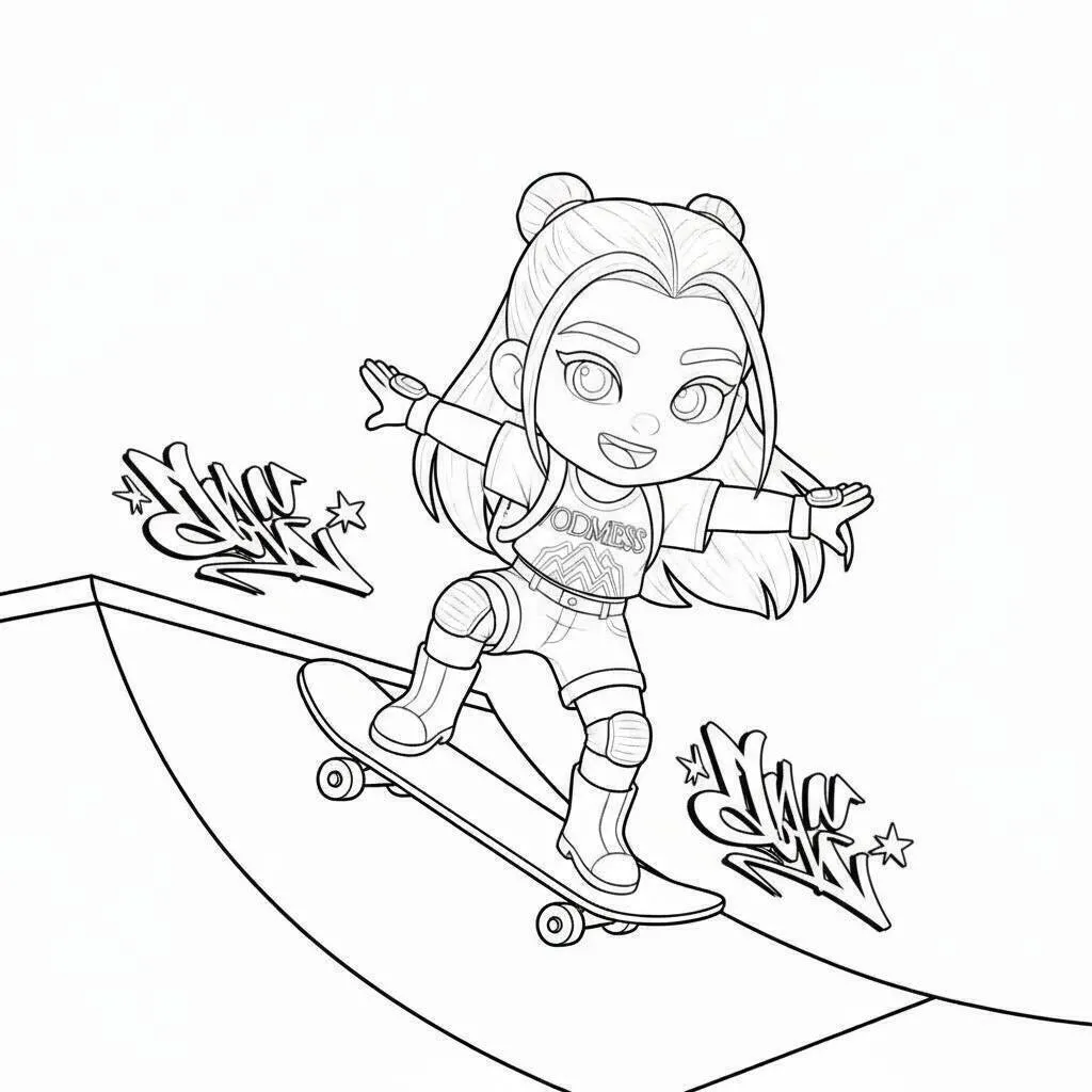 Dibujo de cazador con Rumi montando en patineta para colorear