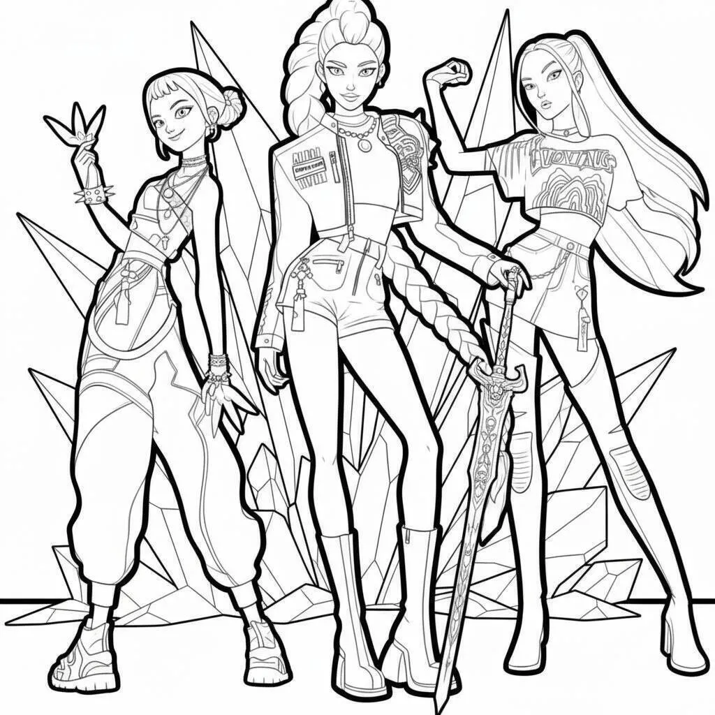 Dibujo para colorear de cazador con las tres heroínas