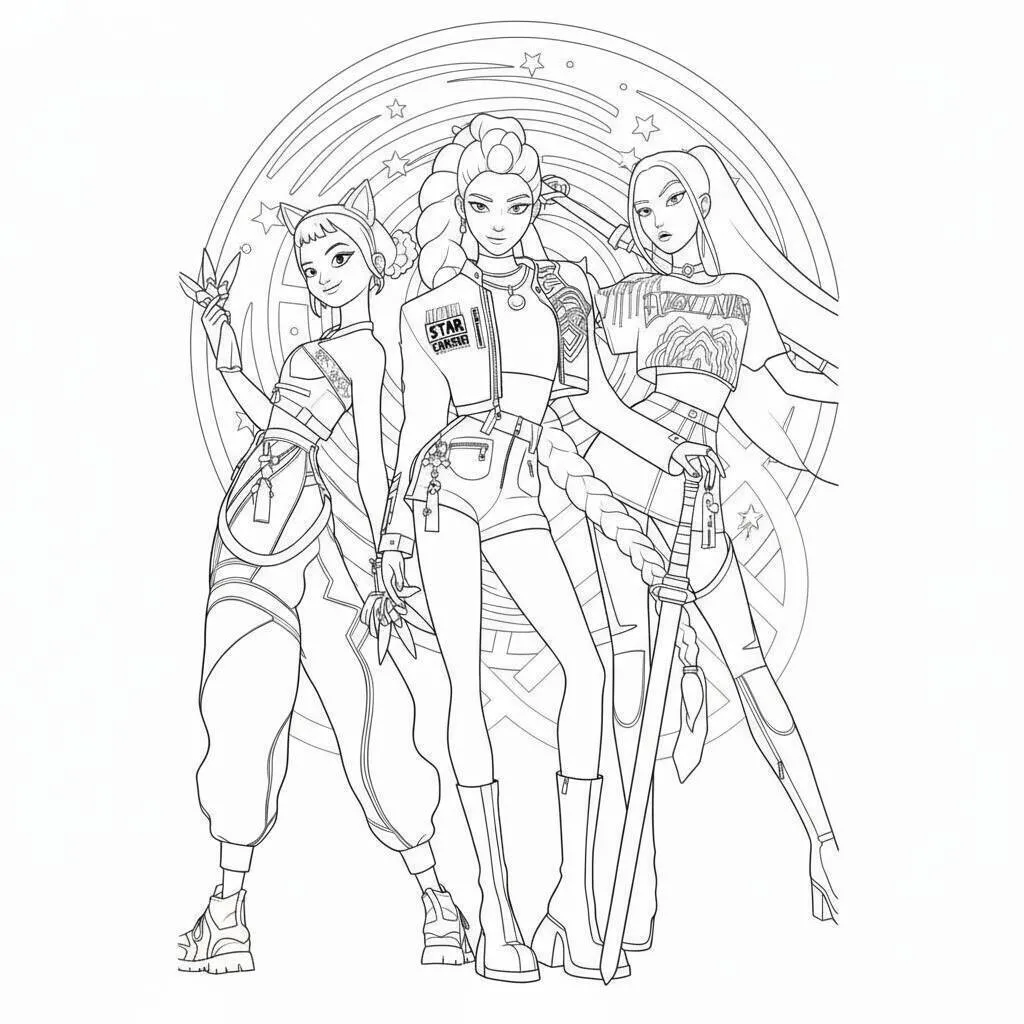 Dibujo para colorear de cazador con las tres heroínas