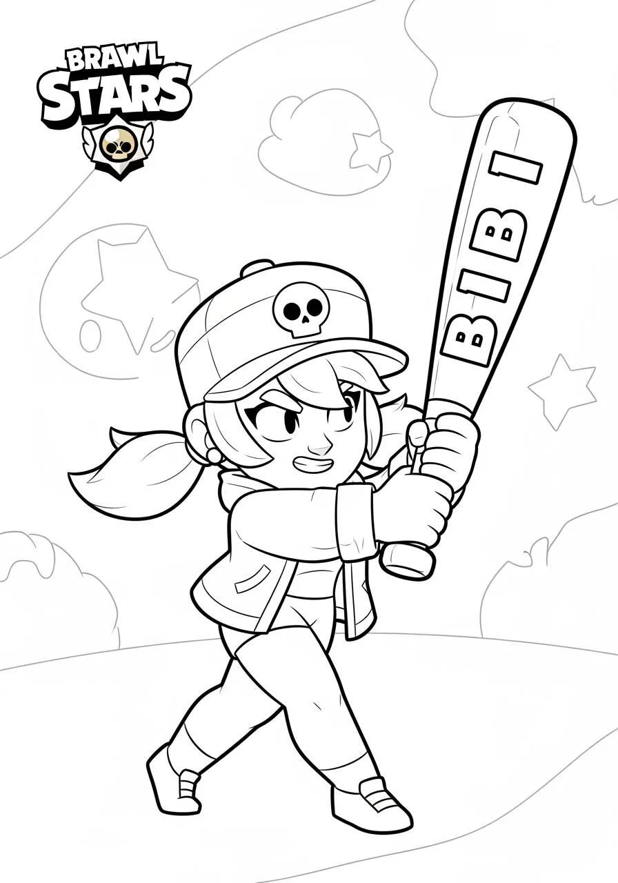 Desenho de Brawl Stars da Bibi com Bastão para Colorir