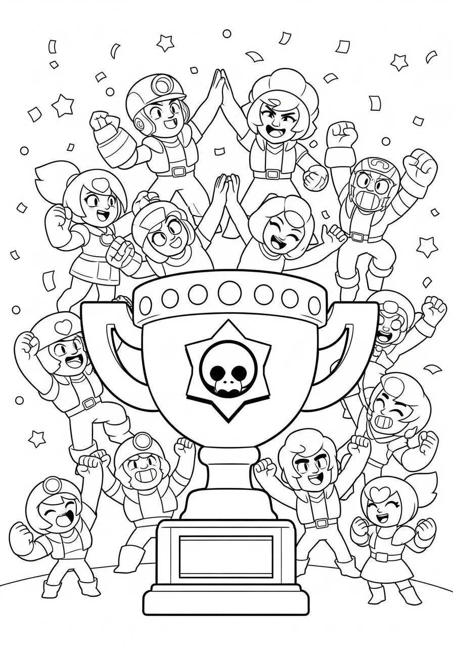 Desenho de Brawl Stars com Troféu e Personagens para Colorir