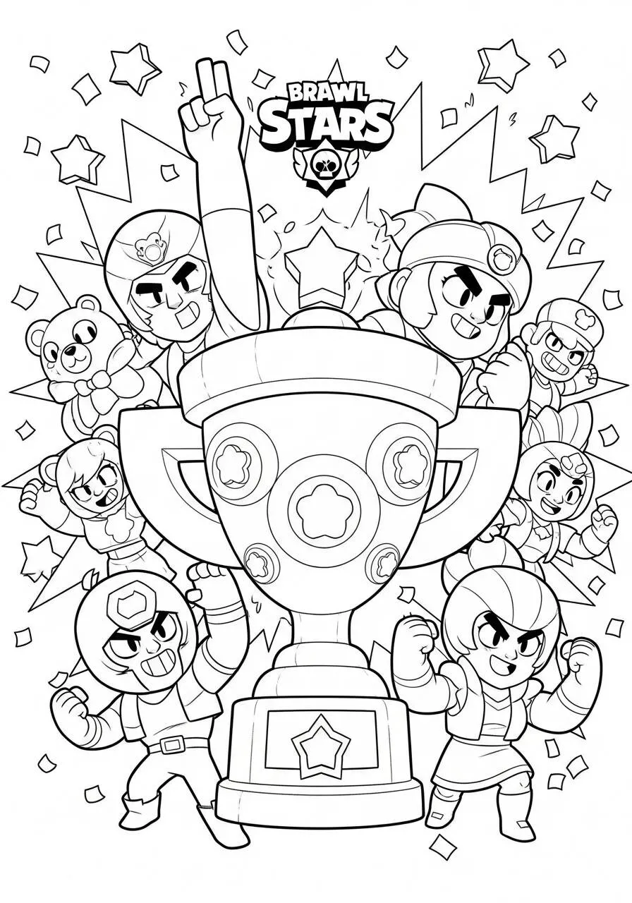Desenho de Brawl Stars com Troféu e Brawlers para Colorir