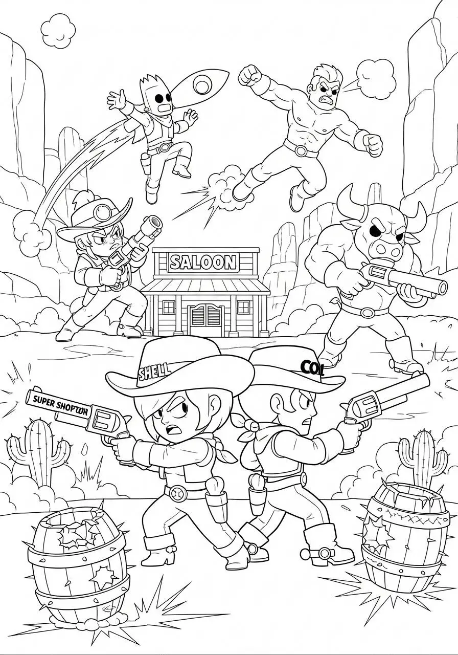 Desenho de Brawl Stars com os Personagens em Ação para Colorir