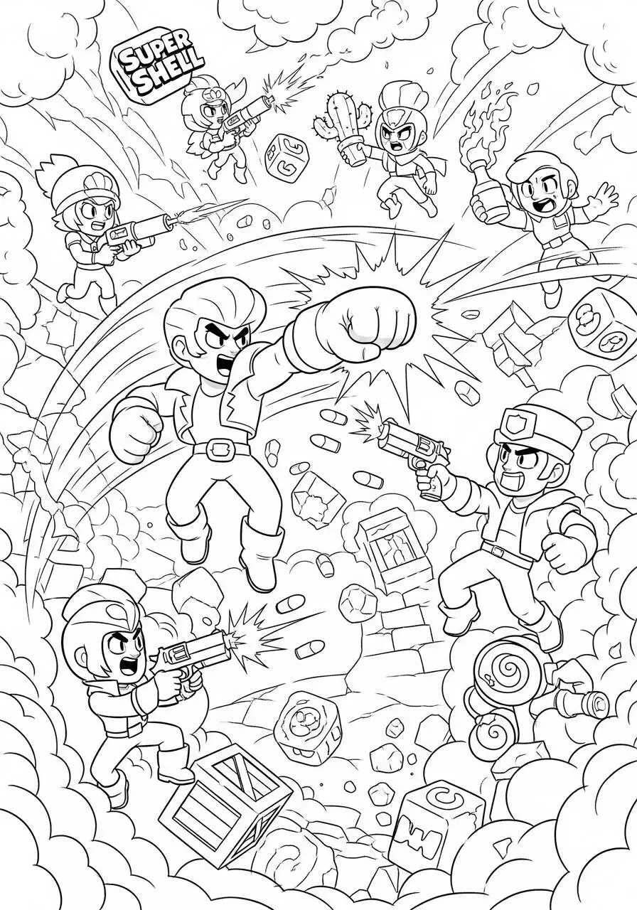 Desenho de Brawl Stars com Luta e Ação para Colorir