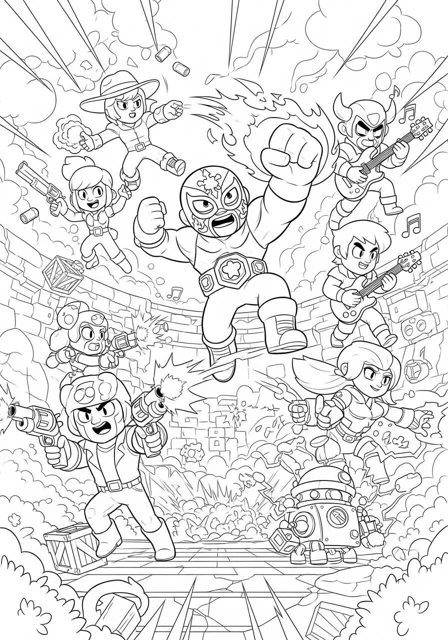 Desenho de Brawl Stars com Luchador e Amigos para Colorir