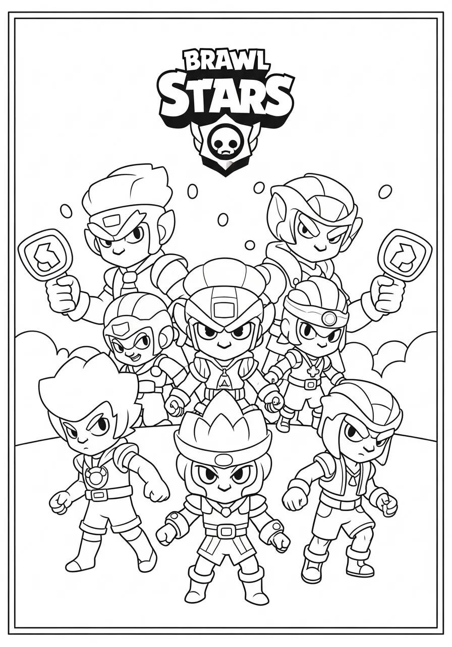 Desenho de Brawl Stars com Vários Personagens para Colorir