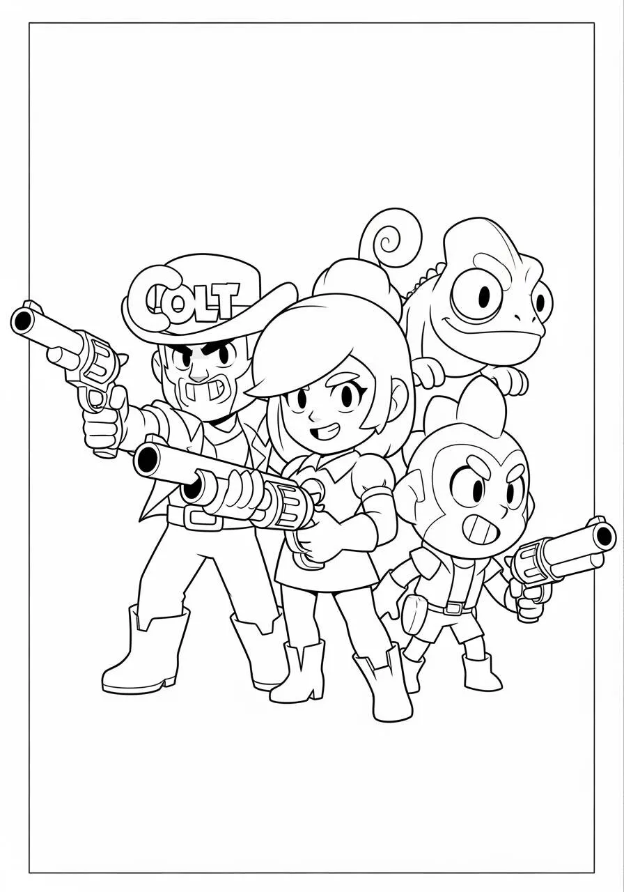Desenho de Brawl Stars do Colt, Shelly, Leon e Spike para Colorir