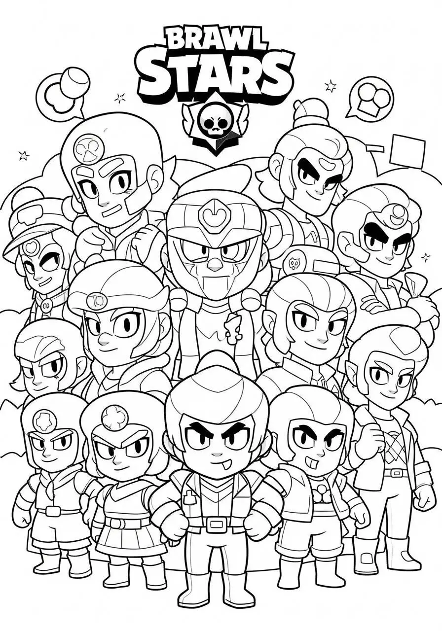 Desenho de Brawl Stars com Vários Personagens para Colorir