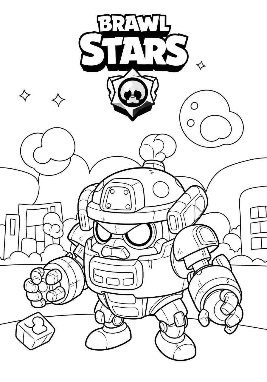 Desenho de Brawl Stars do Bull com Robô para Colorir