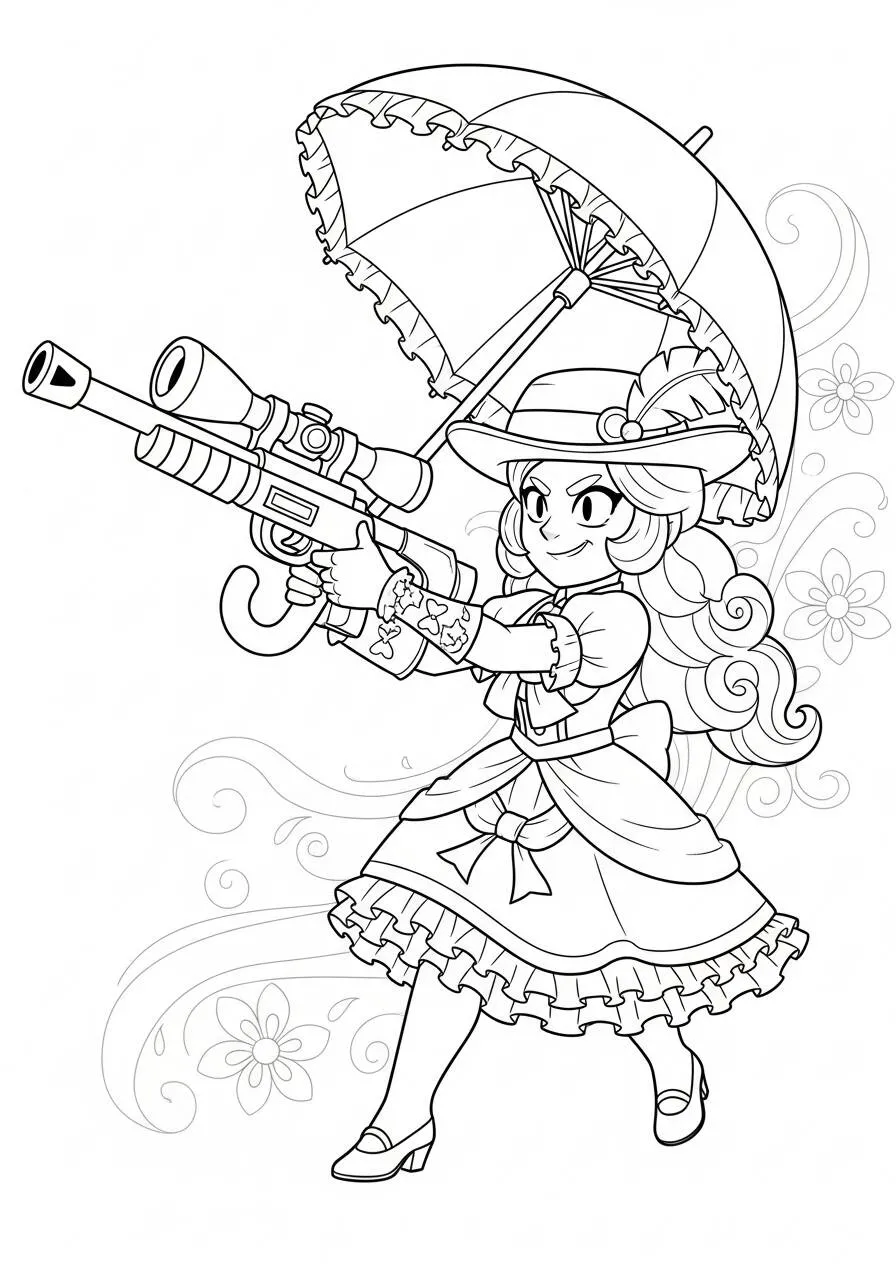 Desenho de Brawl Stars da Pam com Guarda Chuva para Colorir