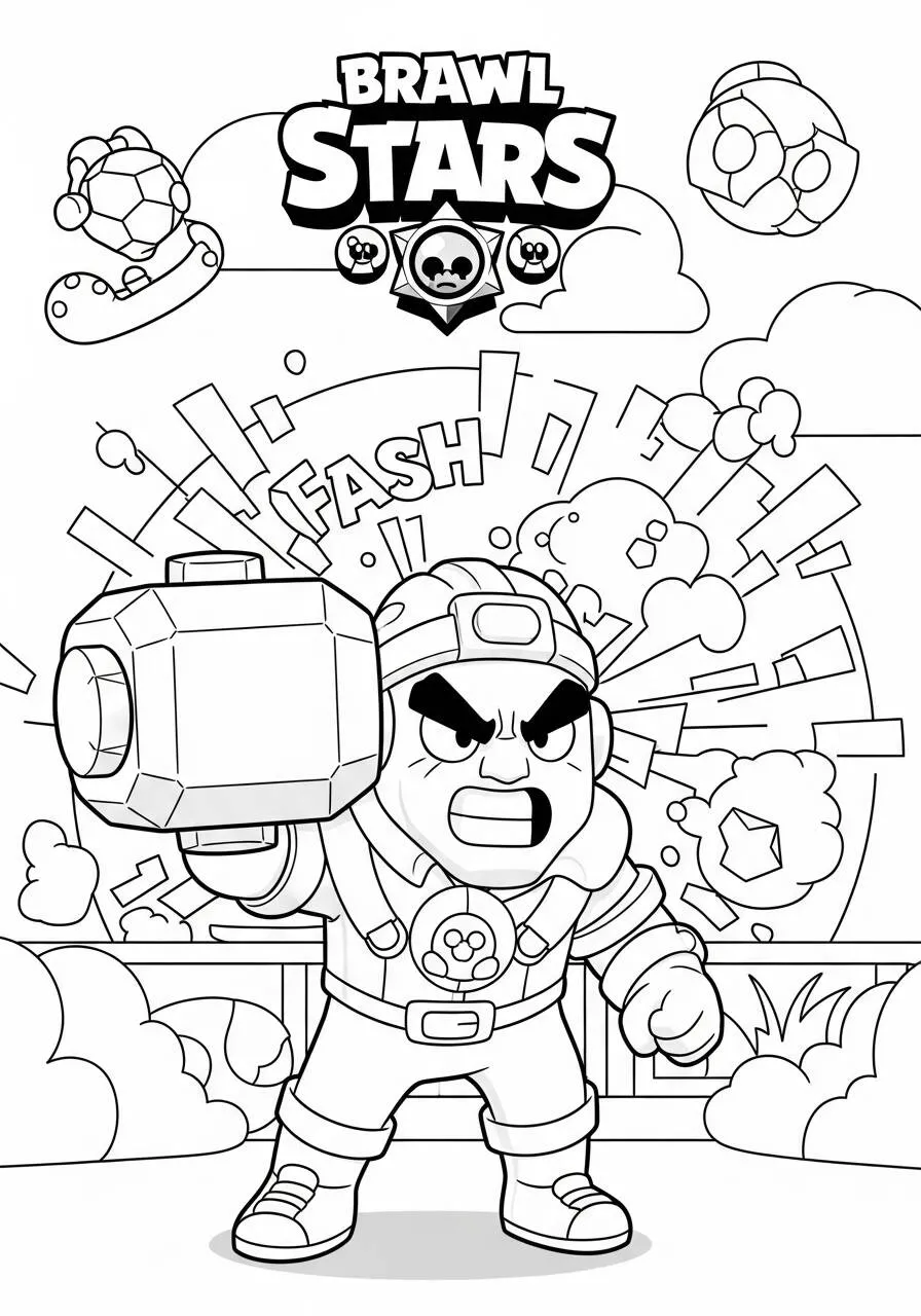 Desenho de Brawl Stars do Bull com Martelo para Colorir