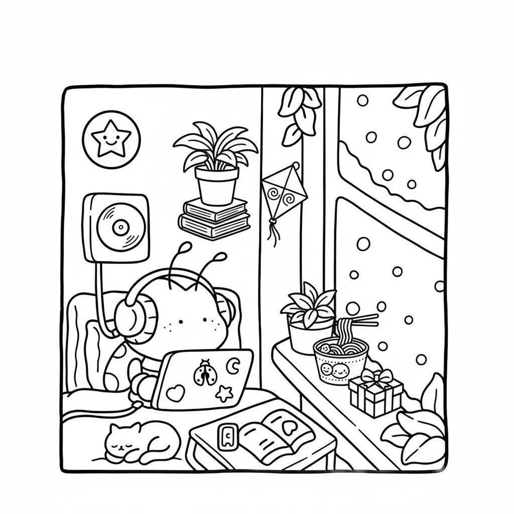 Desenho de Cozy Friends a Ouvir Música para Colorir