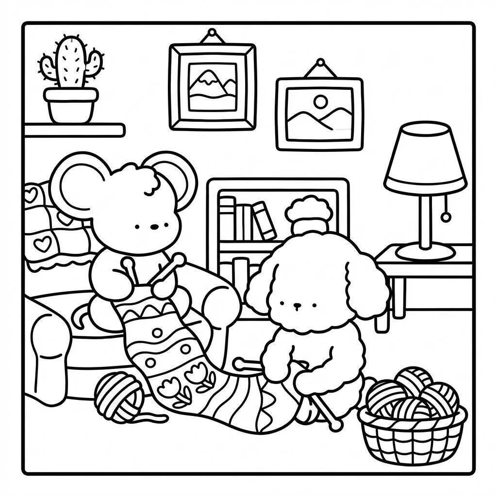 Dibujo para colorear de amigos acogedores tejiendo juntos