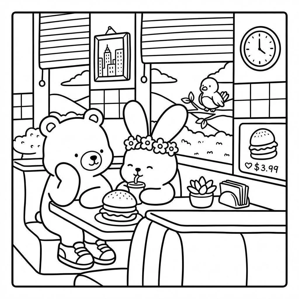 Página para colorear de amigos acogedores compartiendo una hamburguesa