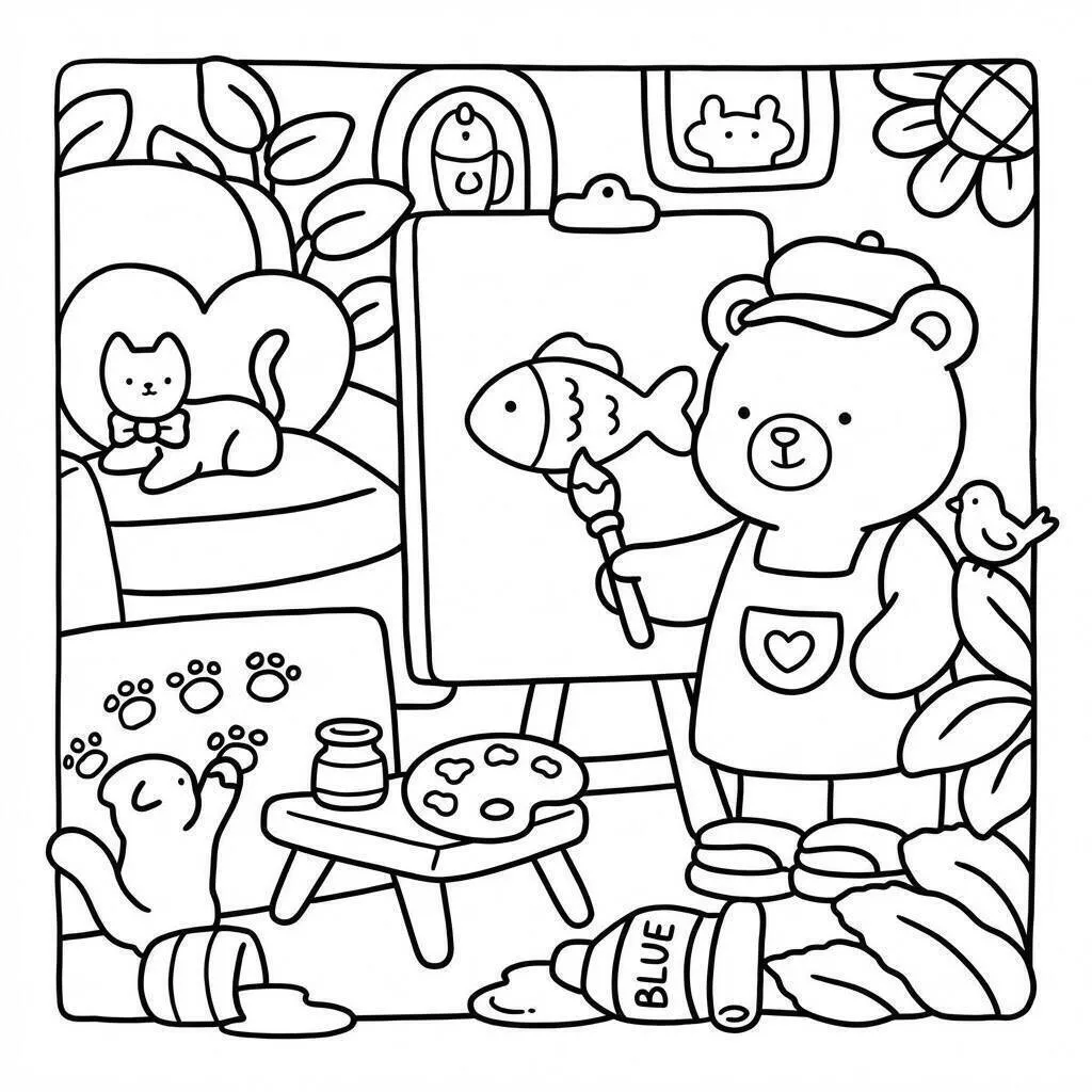 Dibujo para colorear de amigos acogedores pintando un pez