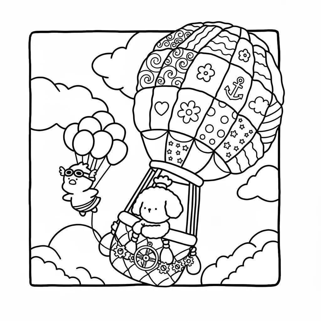 Página para colorear de amigos acogedores en un globo aerostático