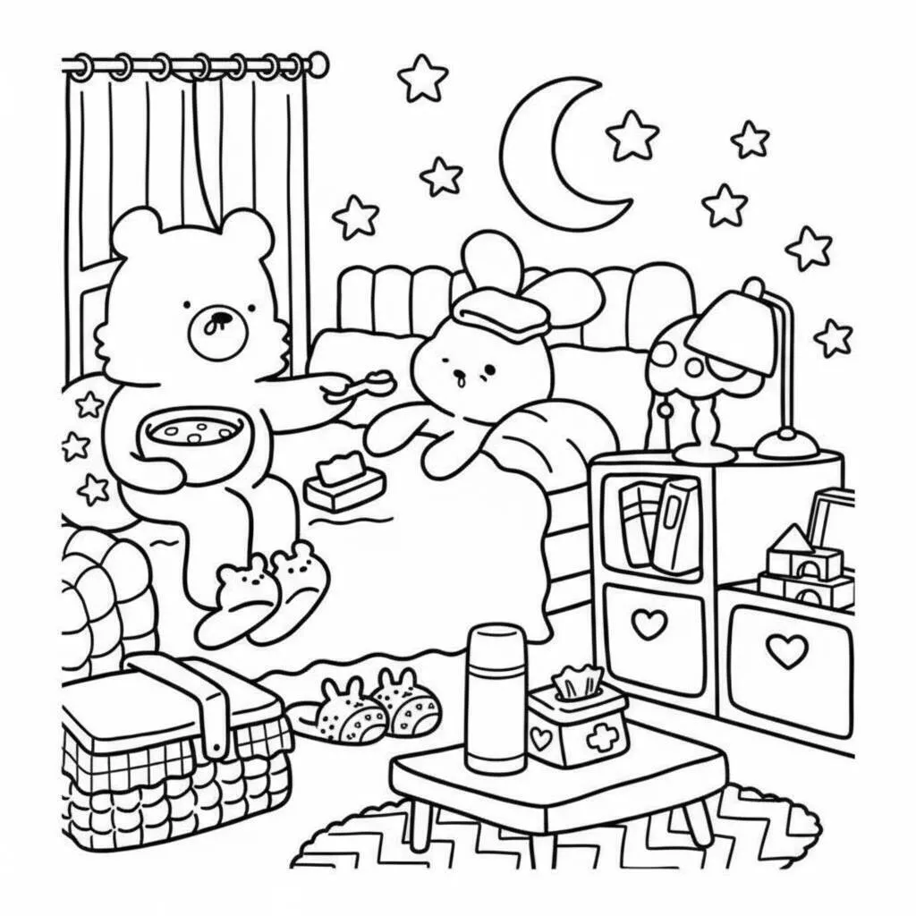 Página para colorear de amigos acogedores compartiendo bocadillos en la cama