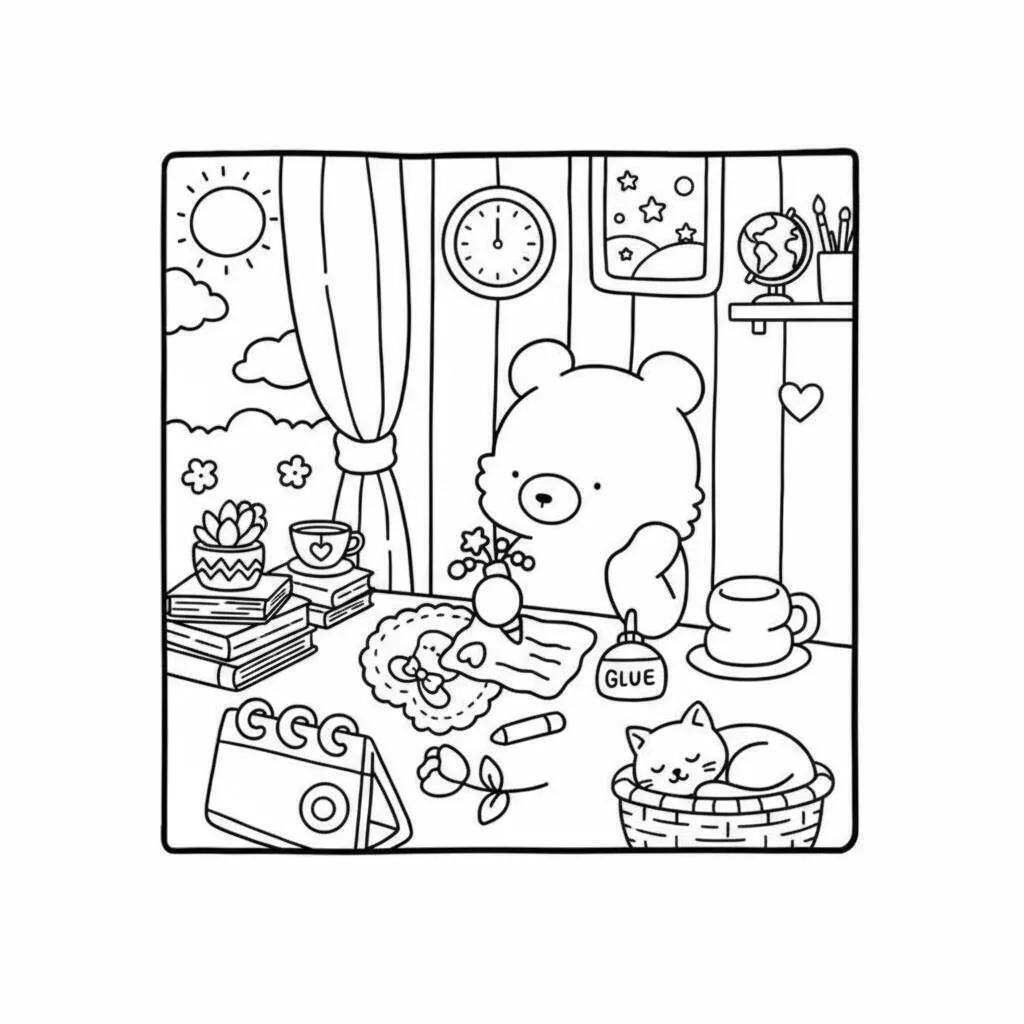 Desenho de Cozy Friends Criando Artesanato para Colorir