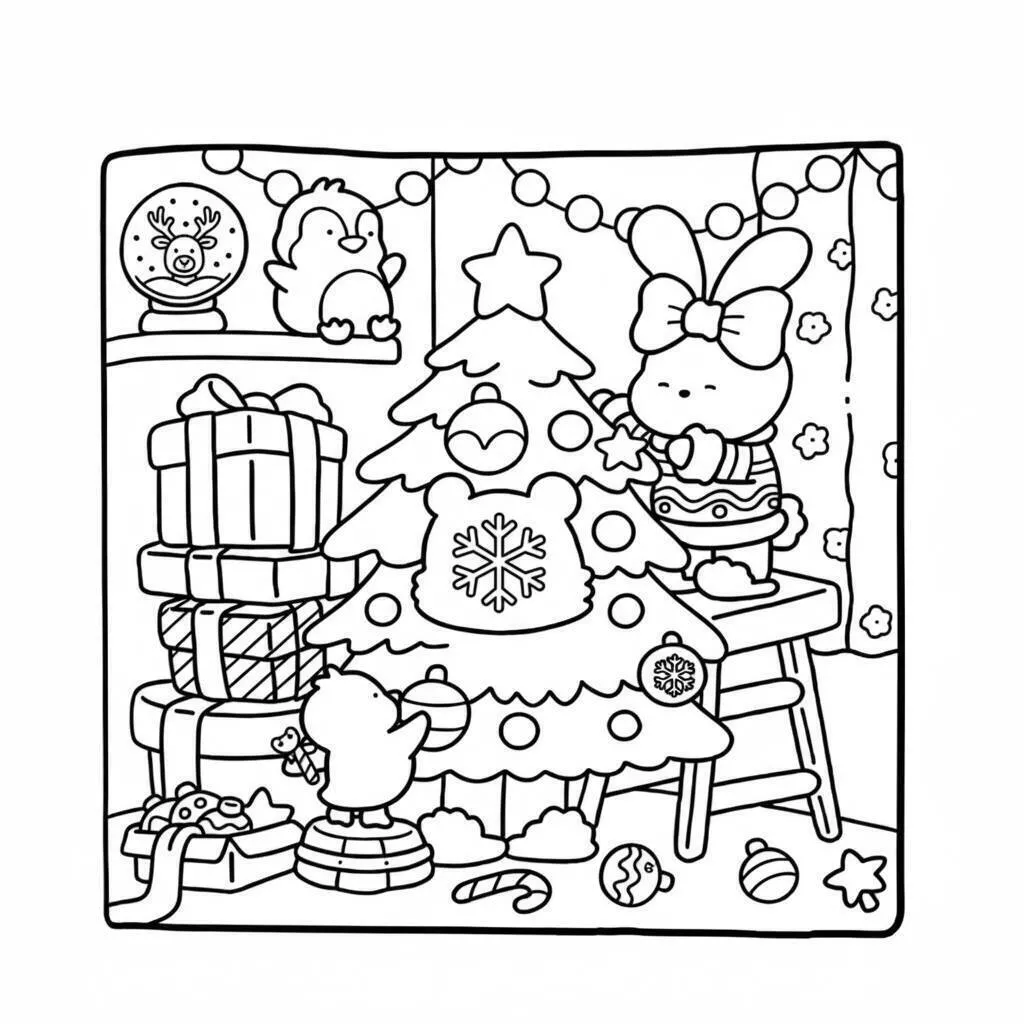 Desenho de Cozy Friends Decorando a Árvore de Natal para Colorir