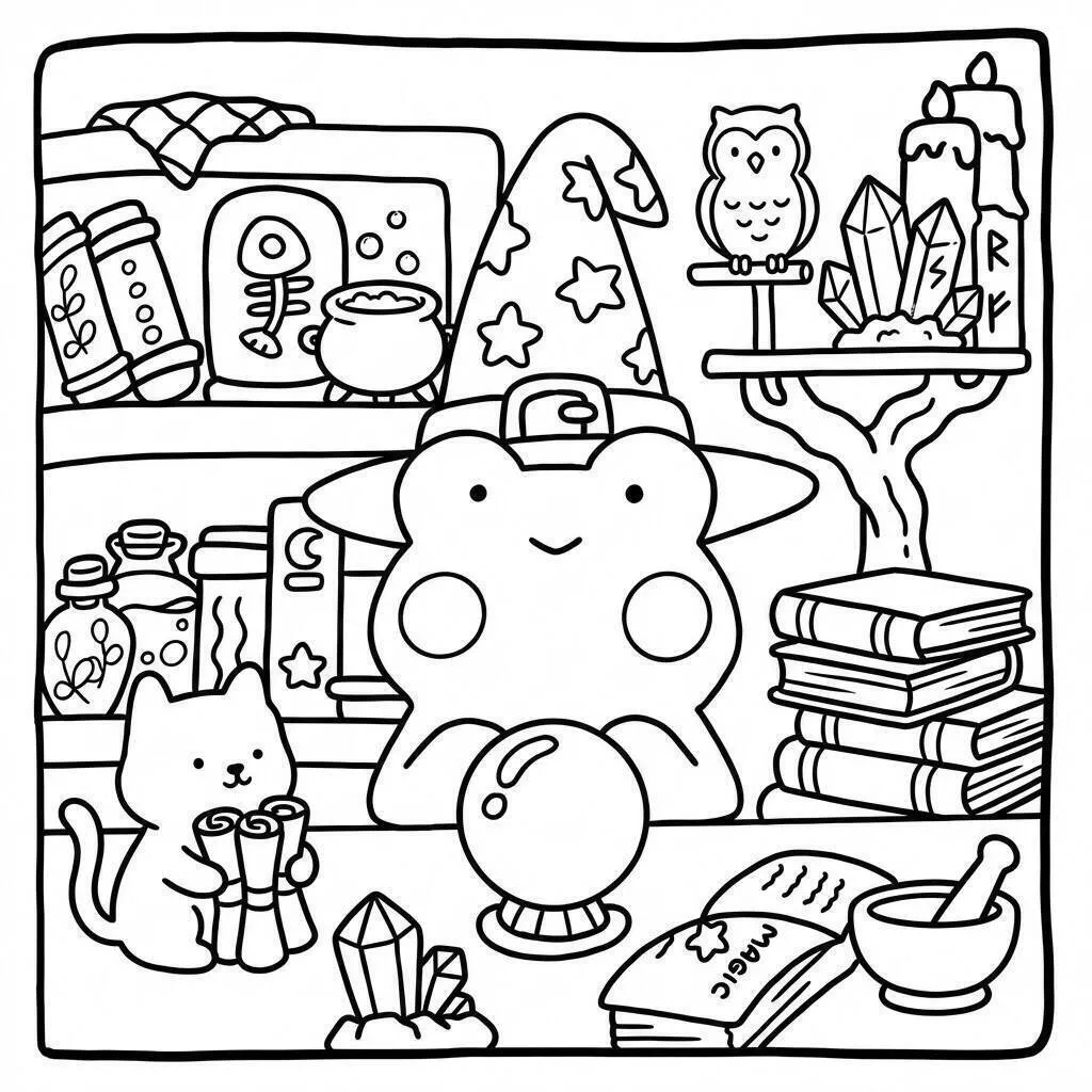 Desenho de Cozy Friends em uma Loja de Magia para Colorir