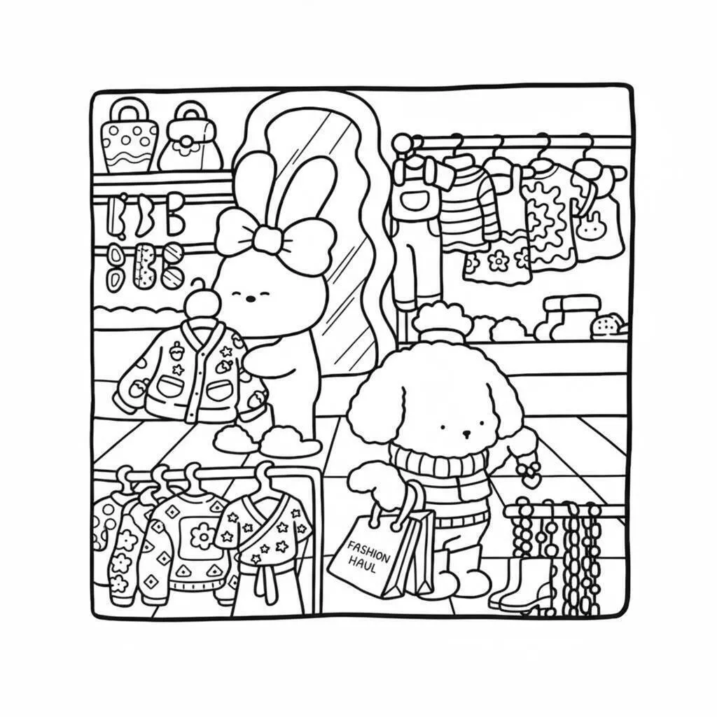Desenho de Cozy Friends Fazendo Compras de Moda para Colorir