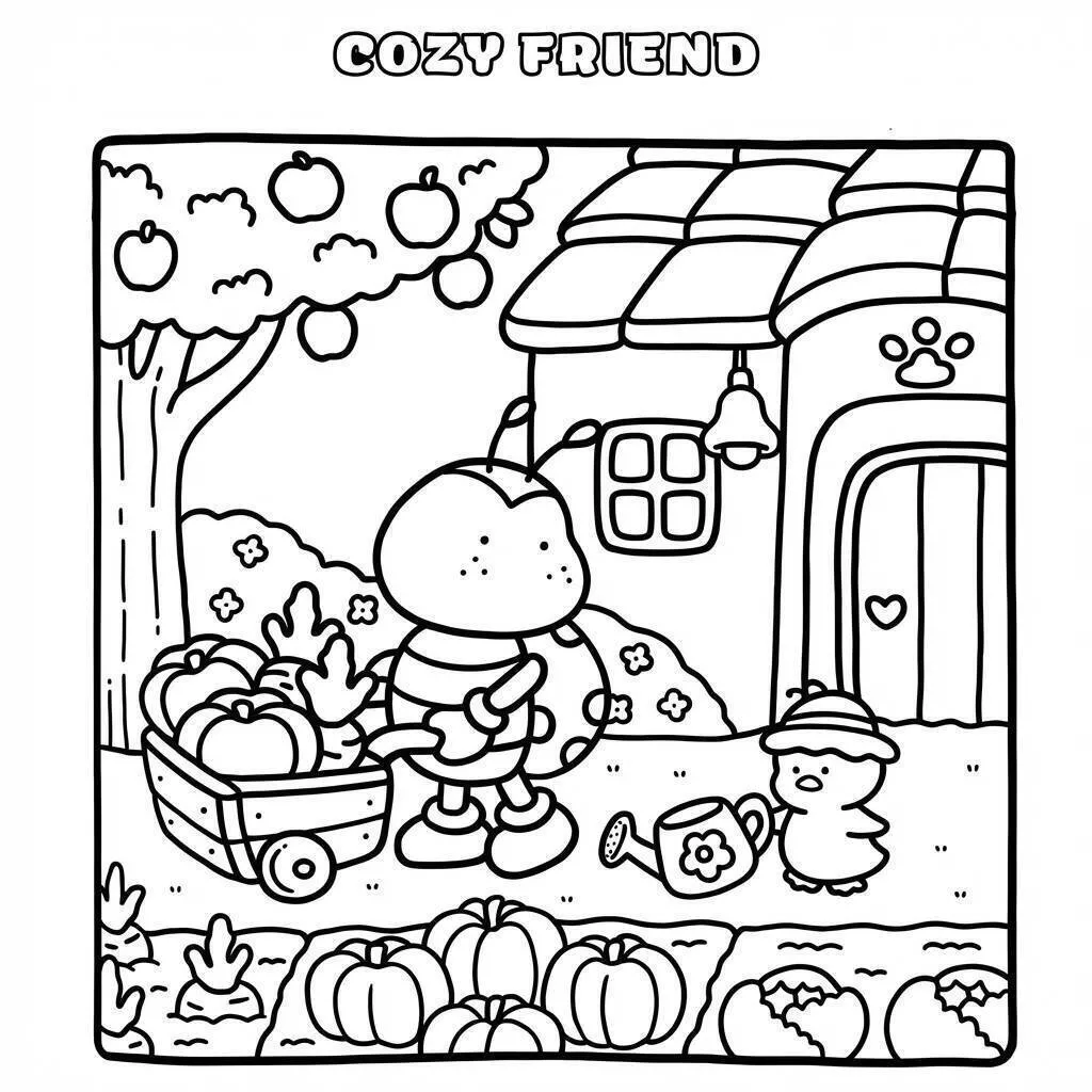 Desenho de Cozy Friends Colhendo Frutas para Colorir