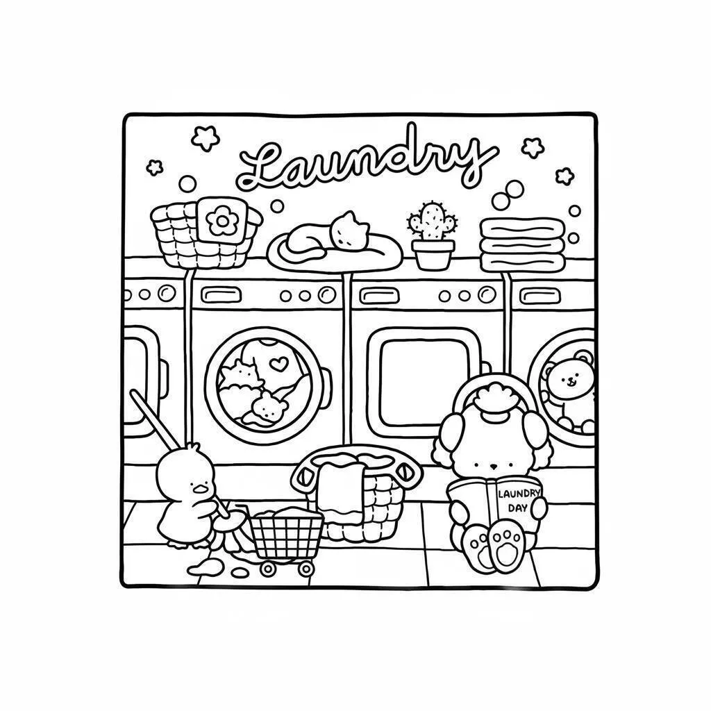 Desenho de Cozy Friends Lavando Roupa para Colorir