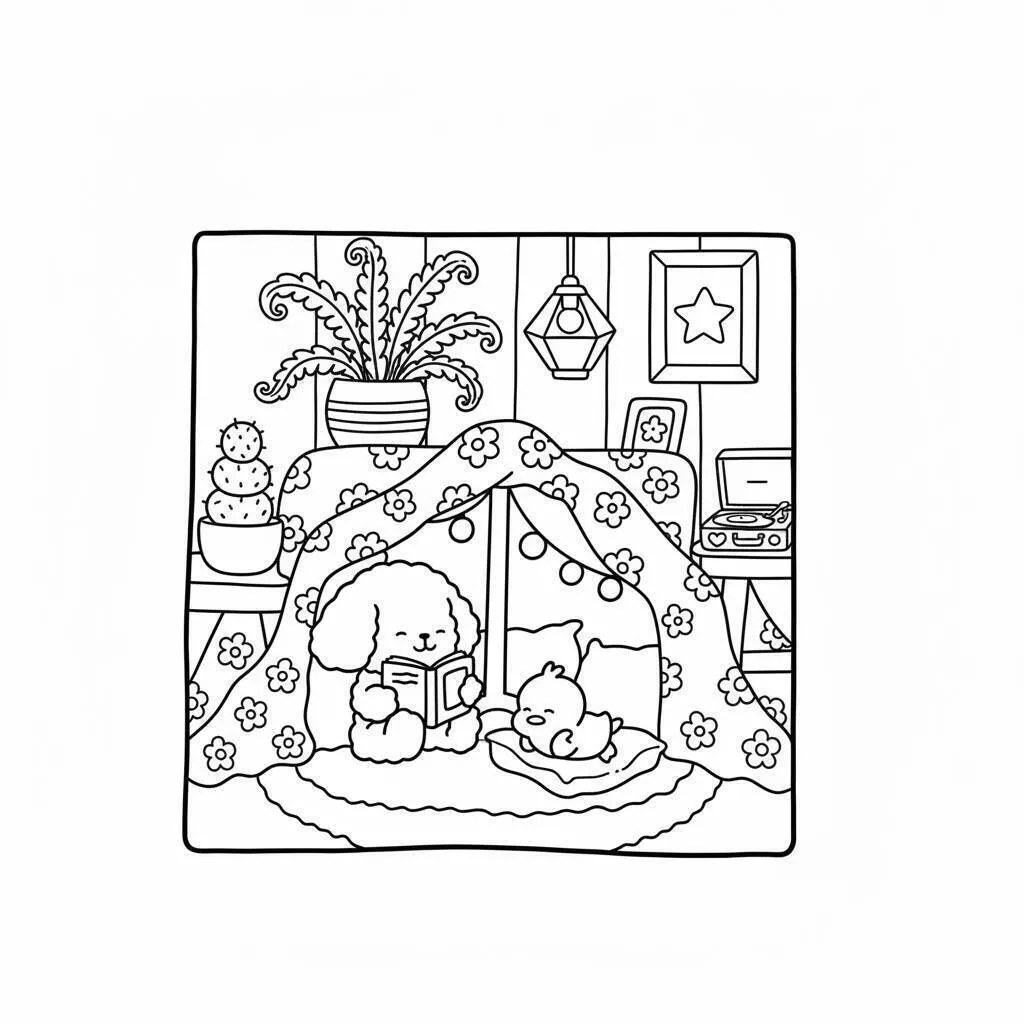 Desenho de Cozy Friends em uma Cabana de Cobertores para Colorir