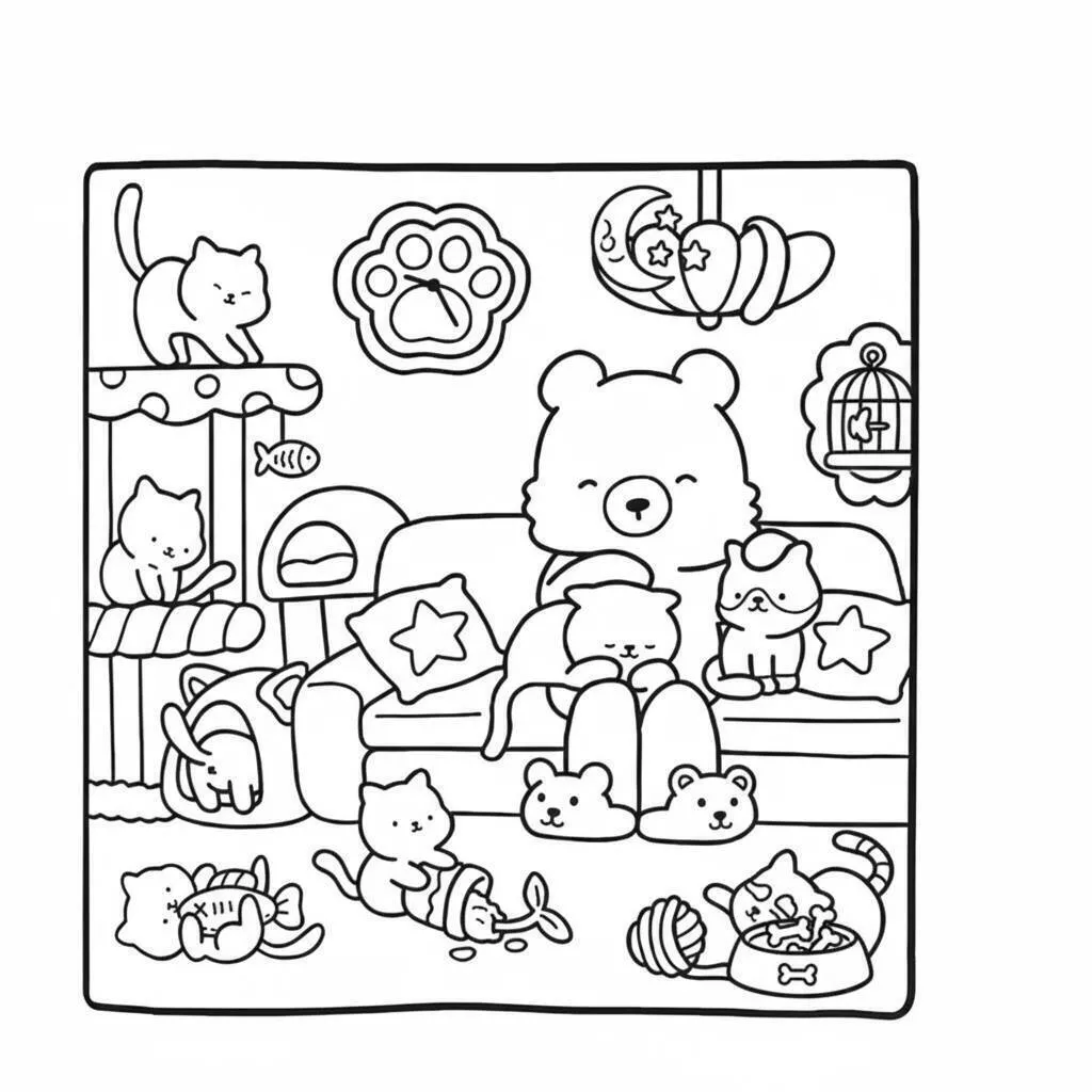 Página para colorear de amigos acogedores jugando con gatos