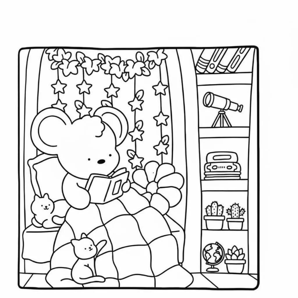 Dibujo para colorear de amigos acogedores leyendo un libro con estrellas