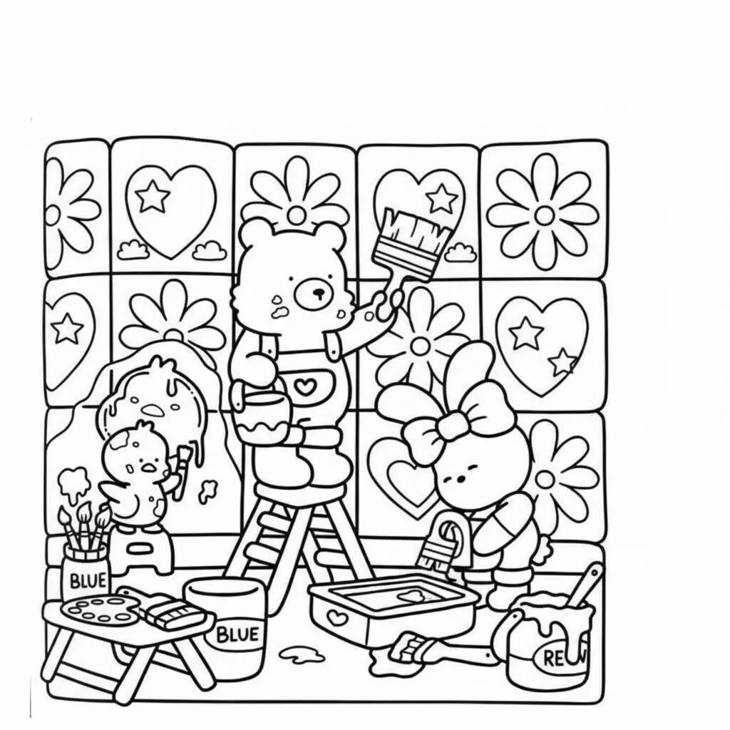 Desenho de Cozy Friends Pintando a Parede para Colorir