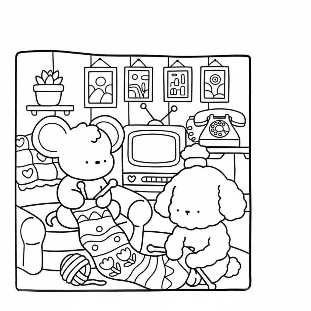 Dibujo para colorear de amigos acogedores tejiendo juntos