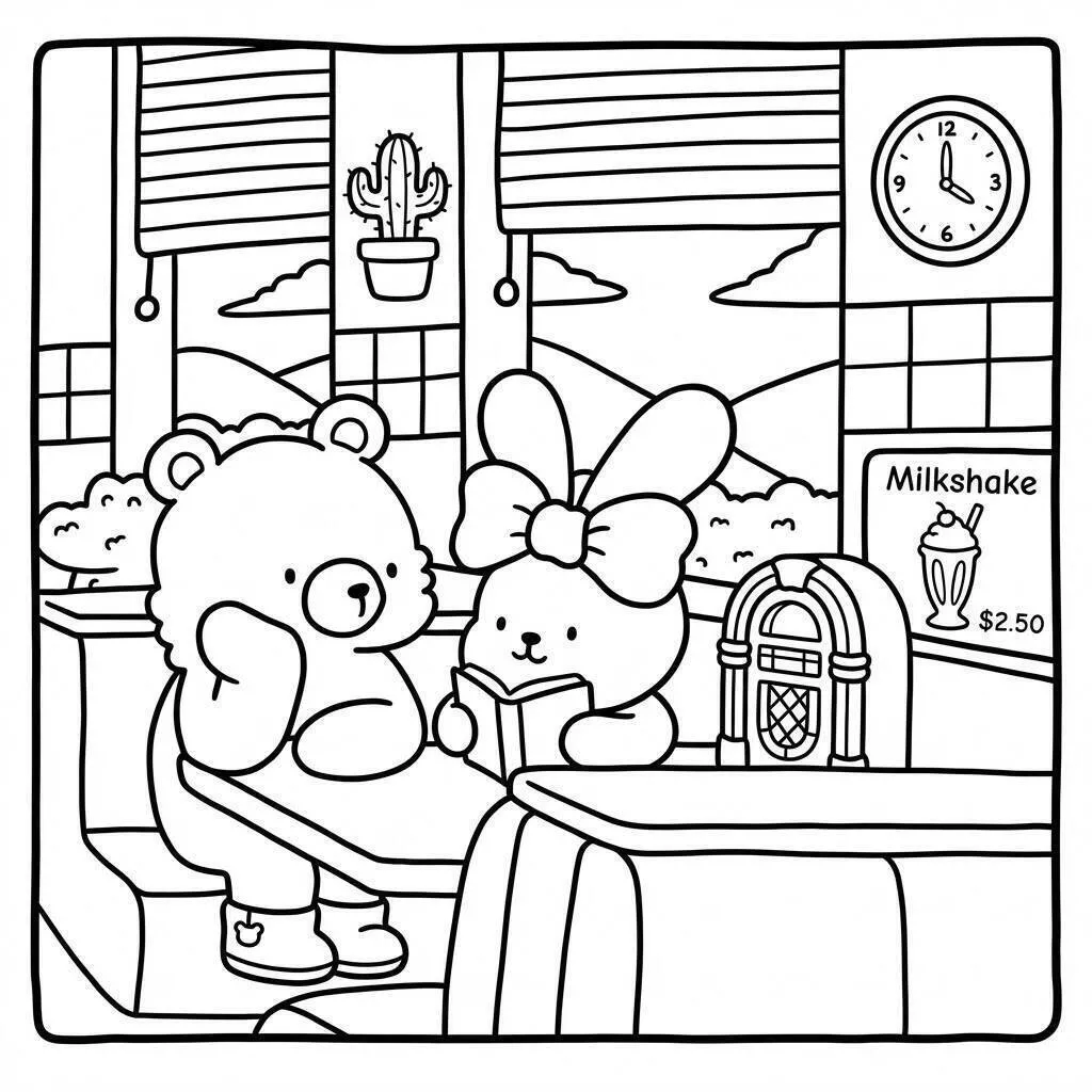 Página para colorear de amigos acogedores en una cafetería