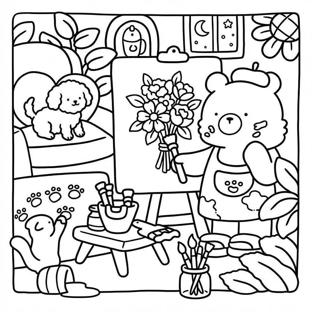 Página para colorear de amigos acogedores pintando flores