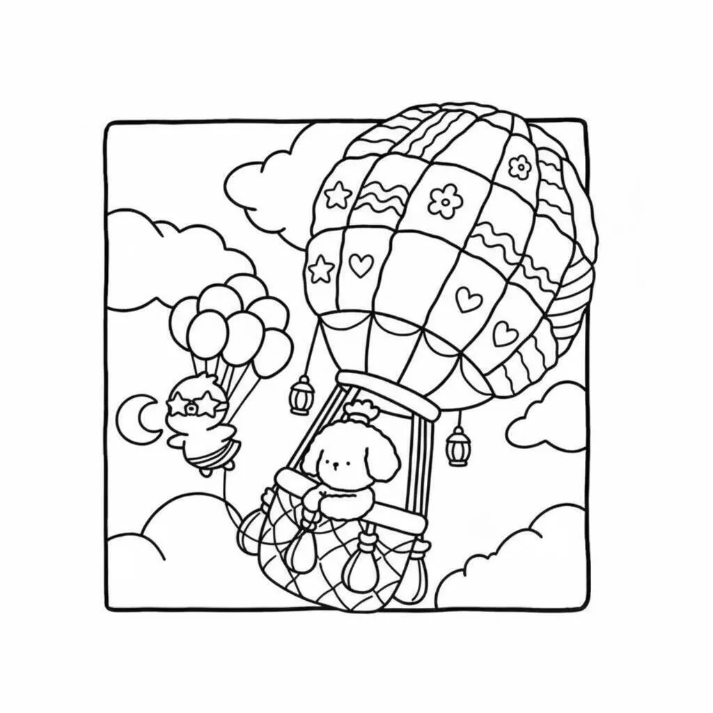Página para colorear de acogedores amigos en globos aerostáticos
