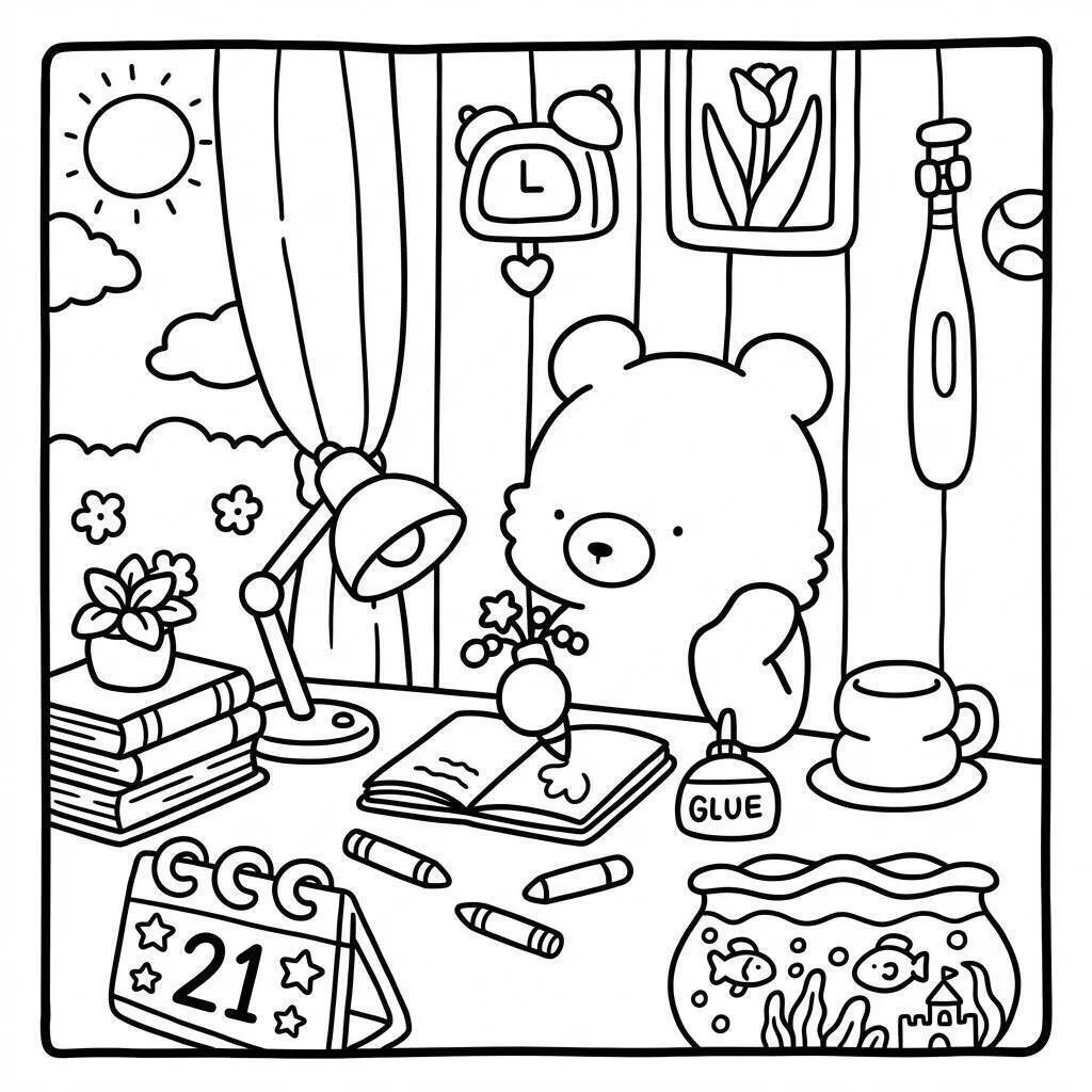 Dibujo para colorear de amigos acogedores en la mesa de trabajo