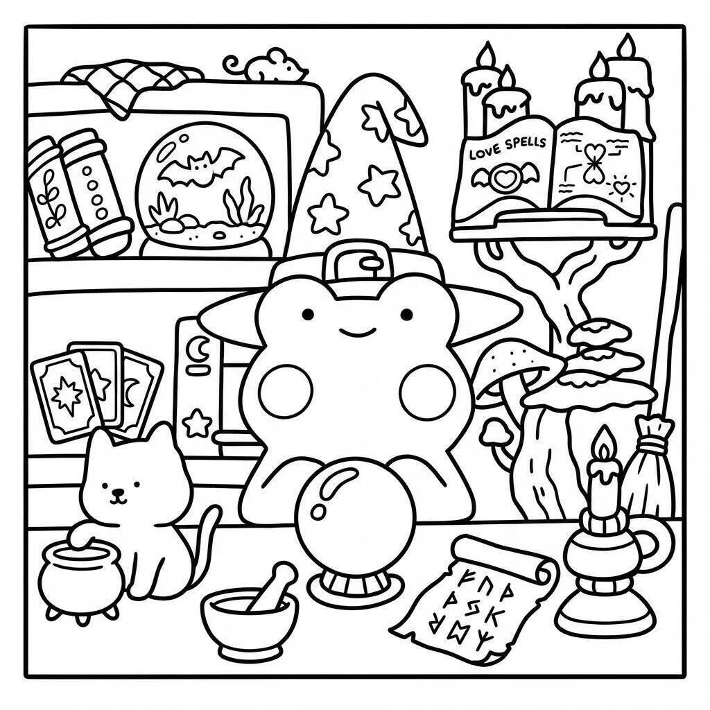 Página para colorear de amigos acogedores con bola de cristal y gato