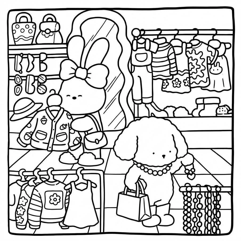 Página para colorear de amigos acogedores comprando en la tienda de ropa