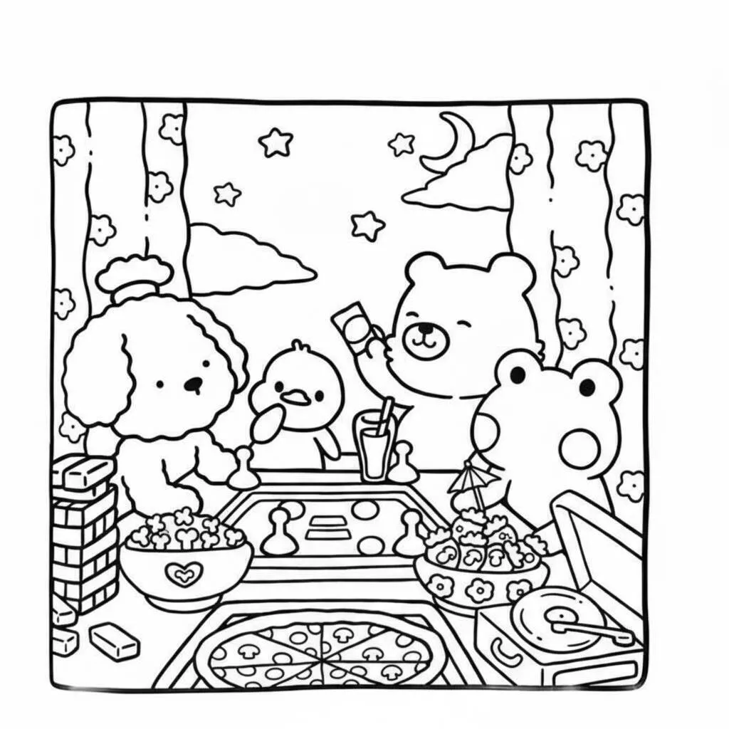 Página para colorear de amigos acogedores celebrando con pizza y bebidas