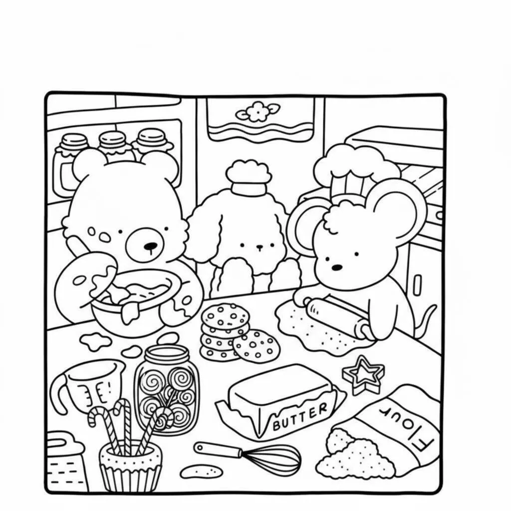 Página para colorear de amigos acogedores en la cocina haciendo galletas