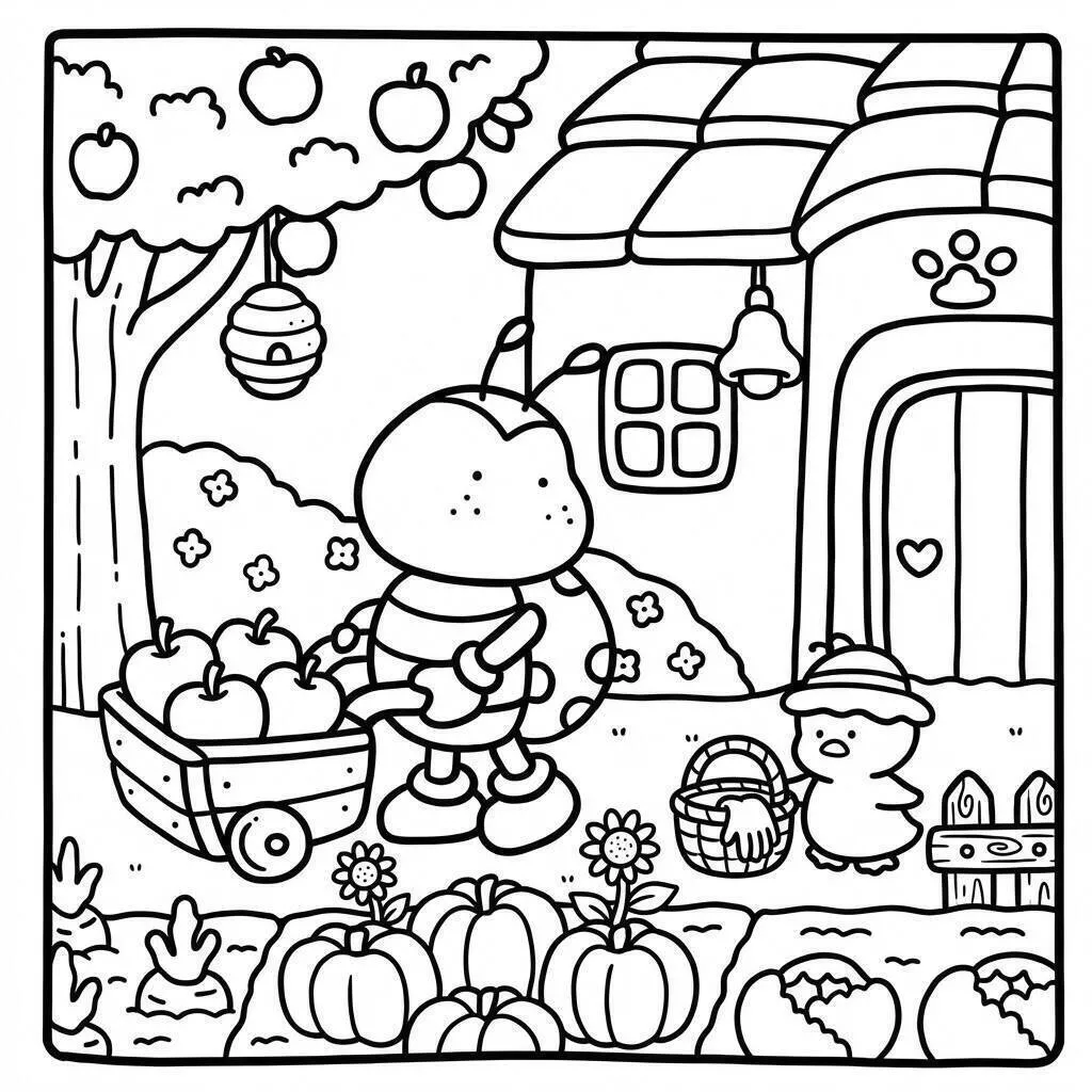 Página para colorear de amigos acogedores recogiendo fruta