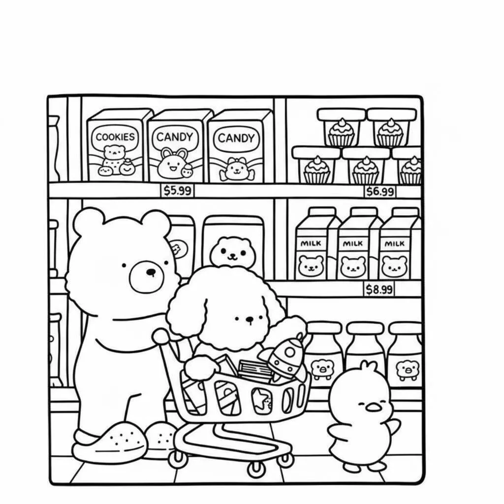 Página para colorear de amigos acogedores comprando en el supermercado