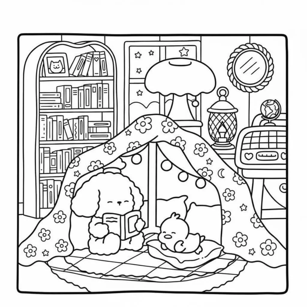 Página para colorear de amigos acogedores en una tienda de lectura