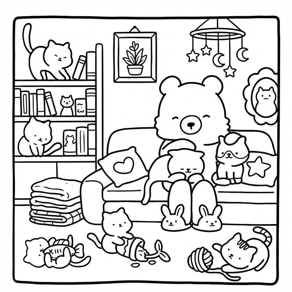 Página para colorear de acogedores amigos con gatos y osos en el sofá