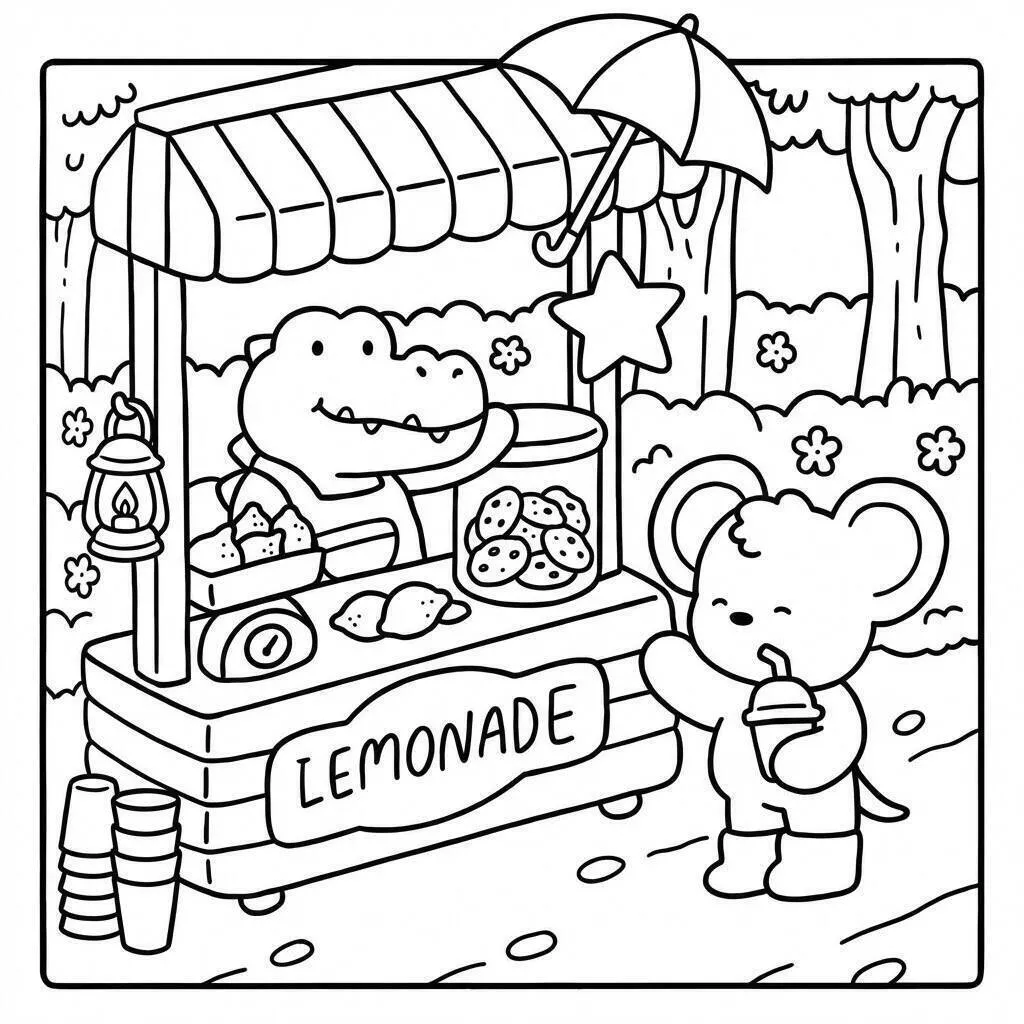 Amigos amigables en el puesto de limonada Página para colorear