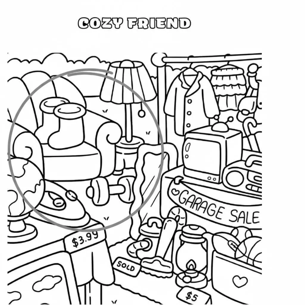 Página para colorear de amigos acogedores en una venta de garaje