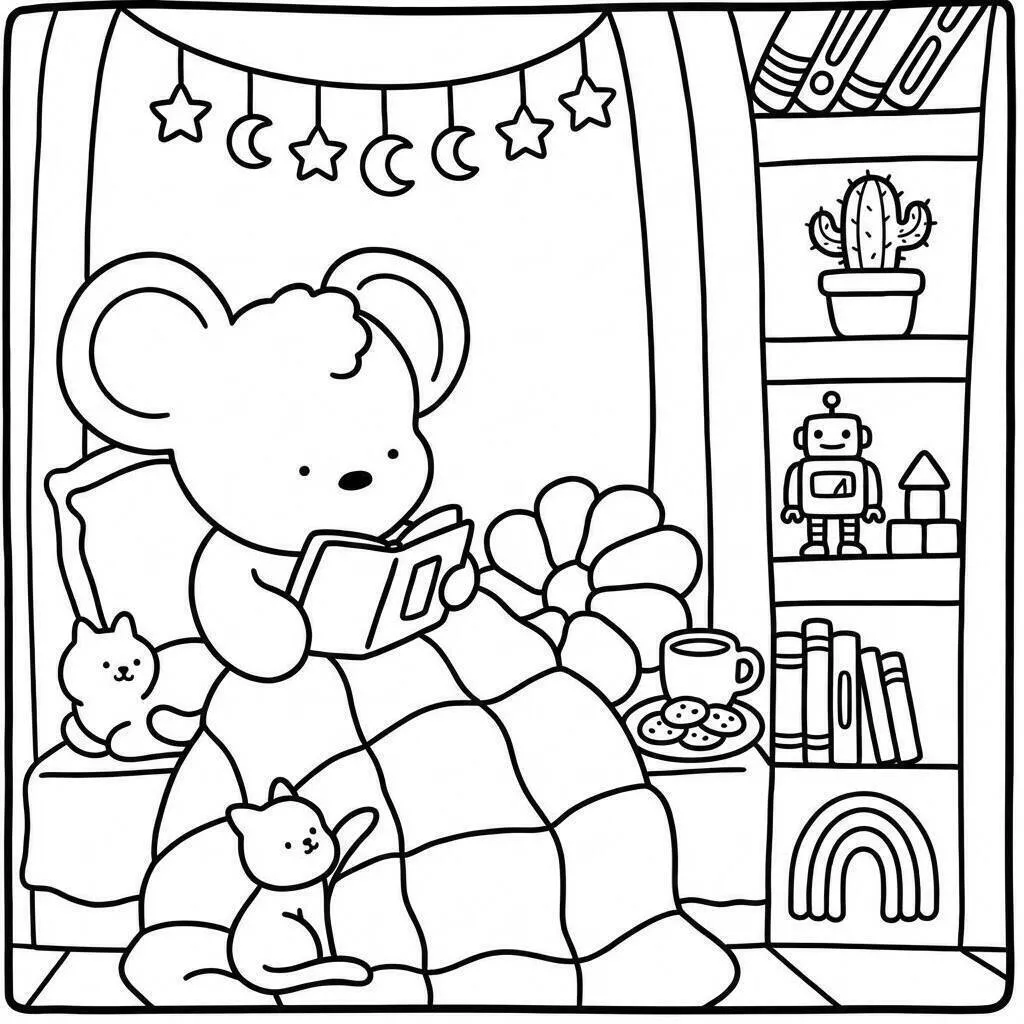Página para colorear de amigos acogedores leyendo un libro con animales