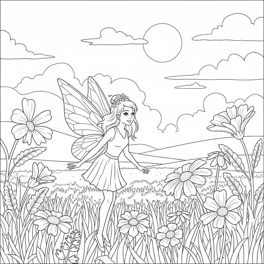 Dibujo para colorear de hadas bailando entre flores