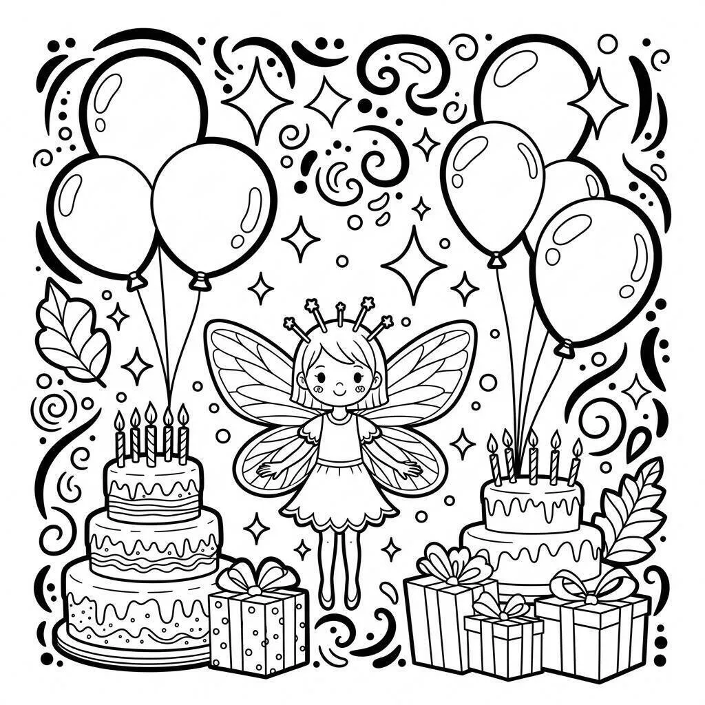 Dibujo para colorear de Hada festiva con globos y pasteles