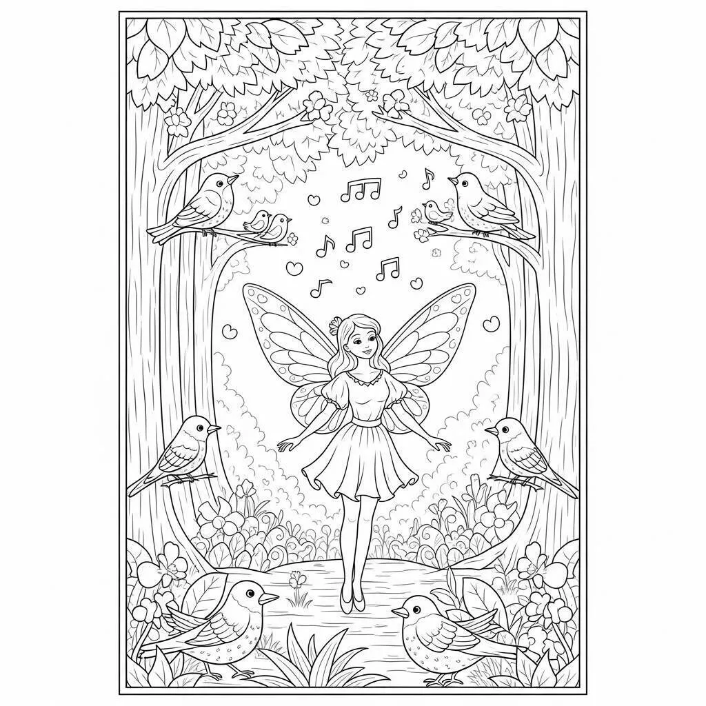 Dibujo para colorear de hadas bailando con pájaros
